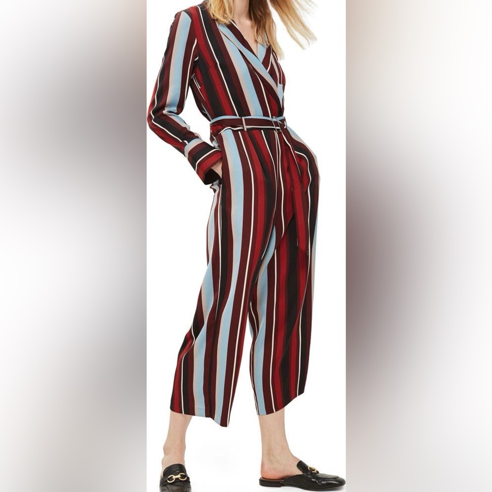 TOPSHOP Stripe Jumpsuit Size 12 Has Pockets Red Black Blue